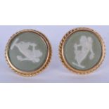 A PAIR OF SILVER MOUNTED WEDGWOOD JASPERWARE EARRINGS. 2.25 cm wide.