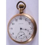 A VINTAGE ELGIN YELLOW METAL POCKET WATCH. 5 cm wide.