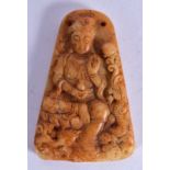 A CHINESE MUTTON JADE PENDANT, carved with seated Guanyin. 6.5 cm x 4.25 cm.