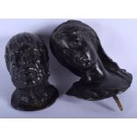 TWO 19TH CENTURY CONTINENTAL BRONZE HEADS. 15 cm x 9 cm. (2)