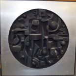 A 1970'S ABSTRACT WALL ART PICTURE, initialled & dated '77, built of spheres and shapes. 62 cm x 62