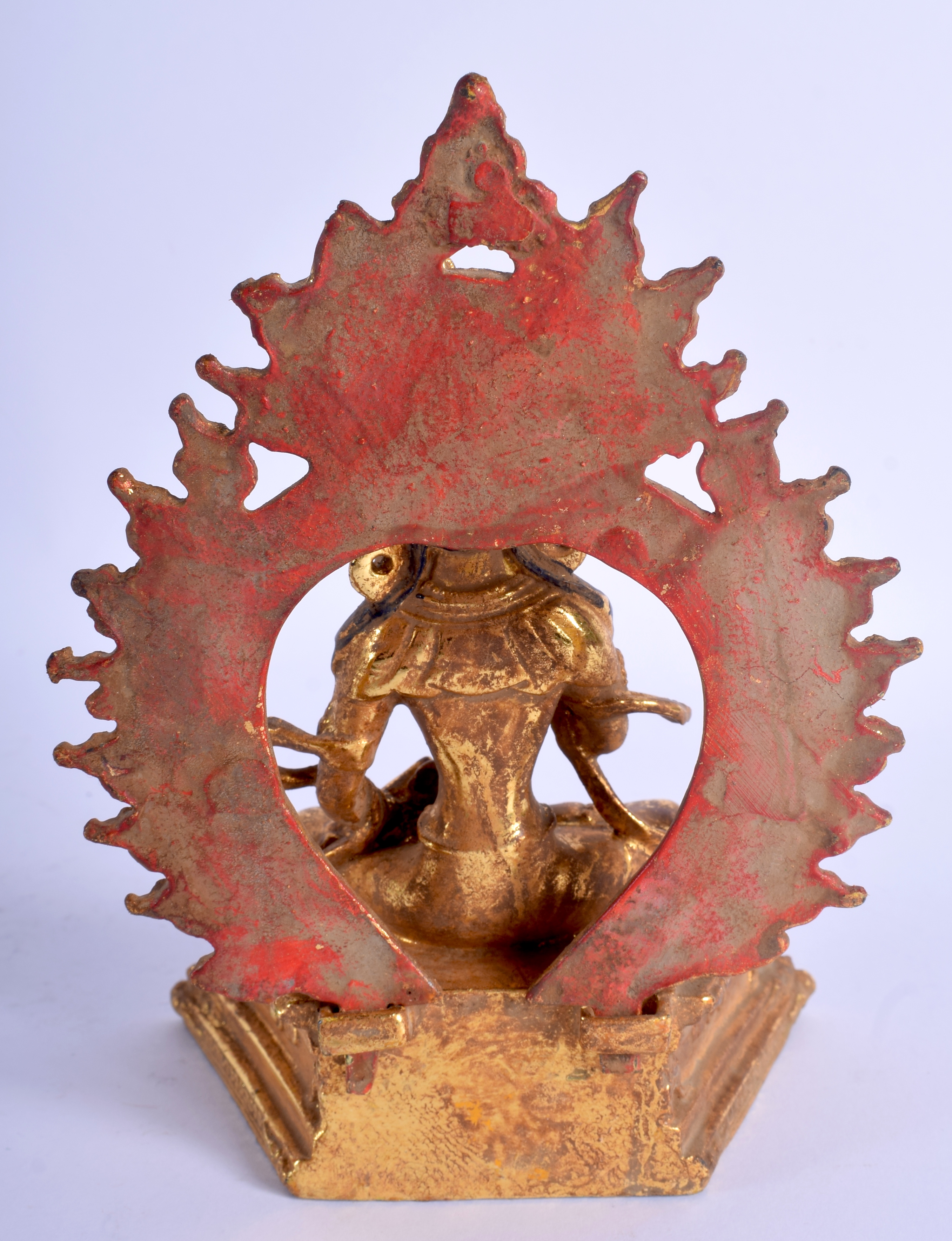 A CHINESE SINO TEIBTRAN BRONZE BUDDHA, formed seated upon a flaming shrine. 19 cm x 12.5 cm. - Image 2 of 3