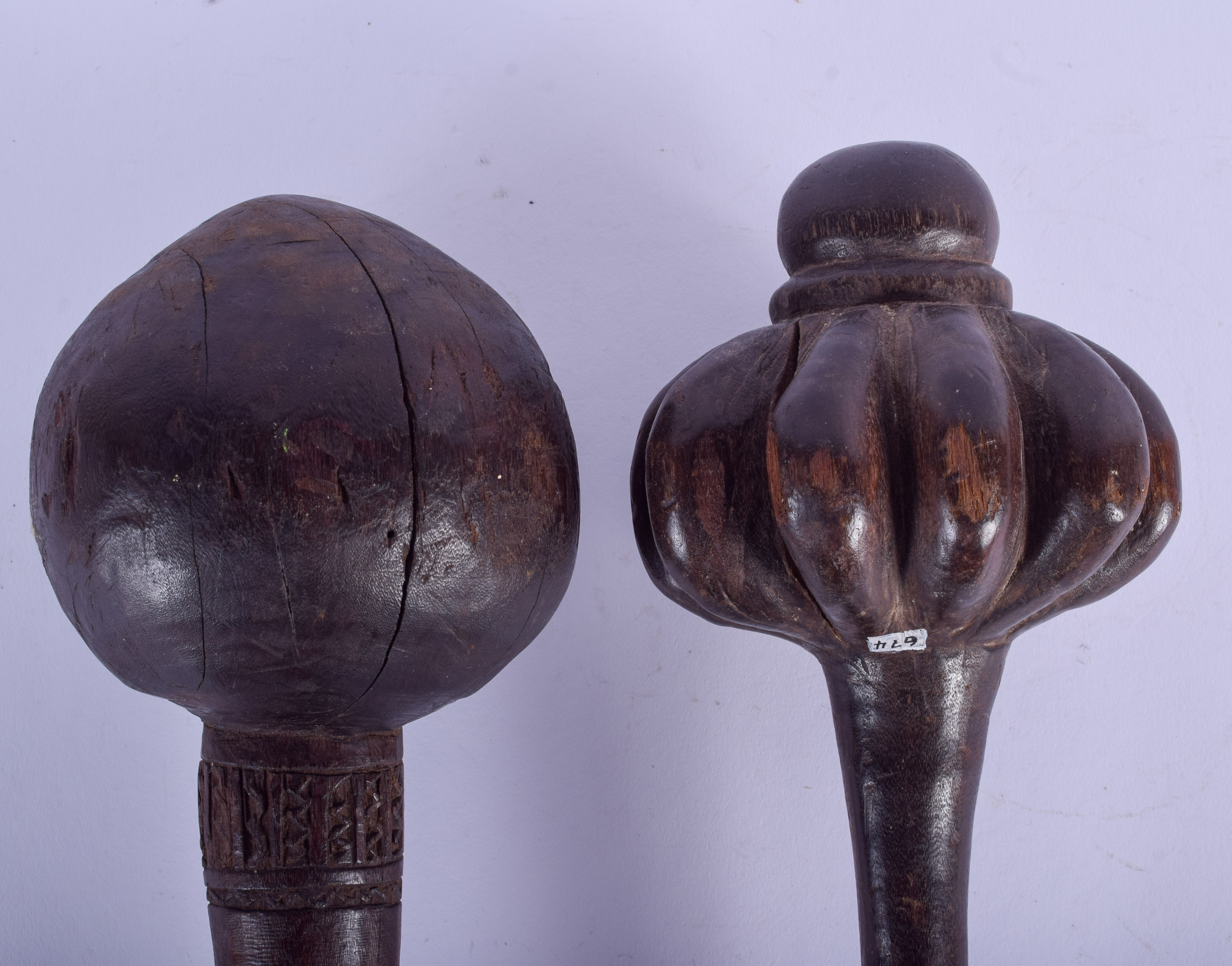 TWO FIJIAN TONGAN TRIBAL THROWING FIGHTING CLUBS. 44 cm long. (2)