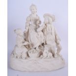 19TH C. JOHN ADAMS & CO. PARIAN GROUP OF A MAN, WOMAN AND CHILD WITH DOG. 32cm High and 26cm wide