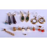 A PAIR OF ANTIQUE GOLD AND BLOODSTONE EARRINGS together with coral earrings etc. (qty)
