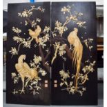 A GOOD LARGE PAIR OF 19TH CENTURY JAPANESE MEIJI PERIOD SHIBAYAMA IVORY PANELS depicting birds and f