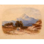 SCOTTISH SCHOOL (early 20th century) FRAMED WATERCOL OUR, figures in a landscape. 6.5 cm x 8 cm.