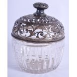 AN ANTIQUE SILVER AND CRYSTAL GLASS BOWL AND COVER. 11 cm x 7 cm.
