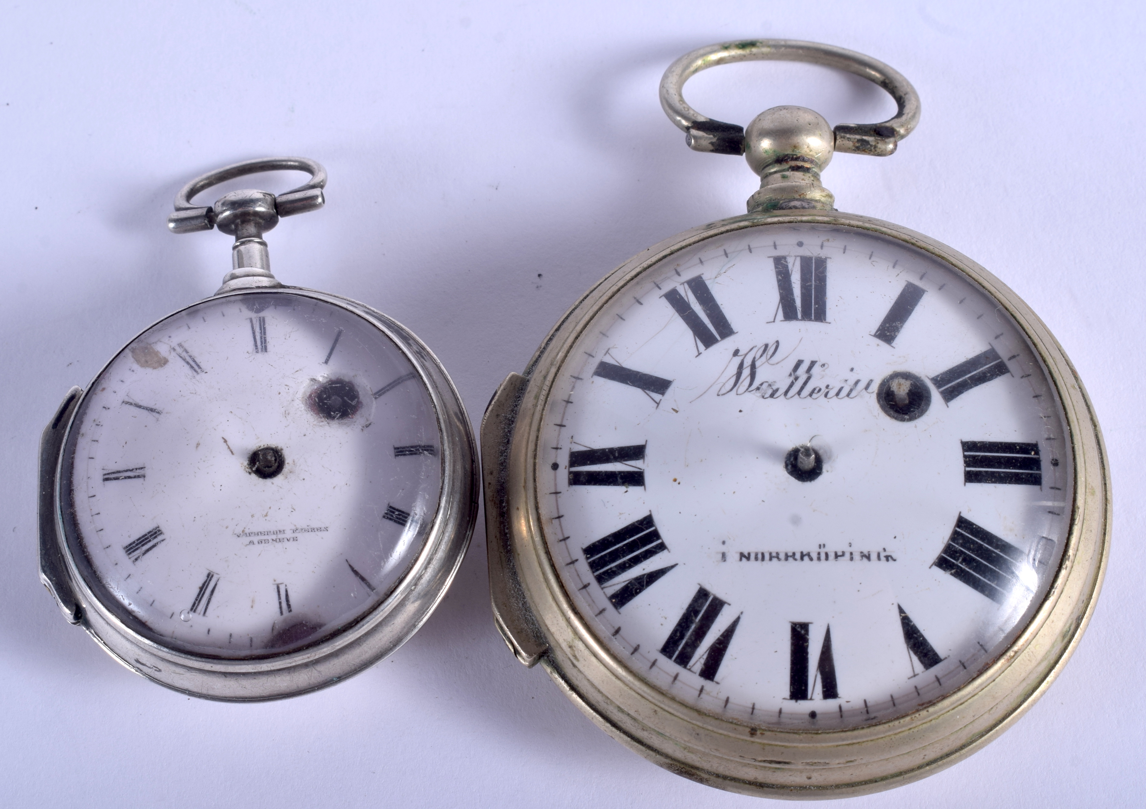 TWO ANTIQUE SILVER VERGE POCKET WATCHES. Largest 5 cm wide. (2)