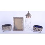 A PAIR OF ANTIQUE CONTINENTAL SILVER SALTS together with a sifter etc. (4)