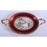 AN ANTIQUE CONTINENTAL TWIN HANDLED ENAMEL DISH. 14 cm x 8 cm.