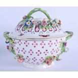 AN 18TH CENTURY CHELSEA DERBY TUREEN AND COVER painted with flowers and insects. 21 cm x 19 cm.