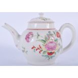 18TH C. BOW TEAPOT AND COVER PAINTED WITH ENGLISH FLOWERS UNDER A RED LINE DOT AND LOOP BORDER (MUSE