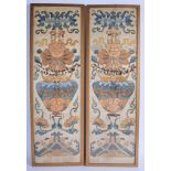 A PAIR 19TH CENTURY CHINESE SILK FLORAL PANELS Qing. Silk 68 cm x 22 cm.