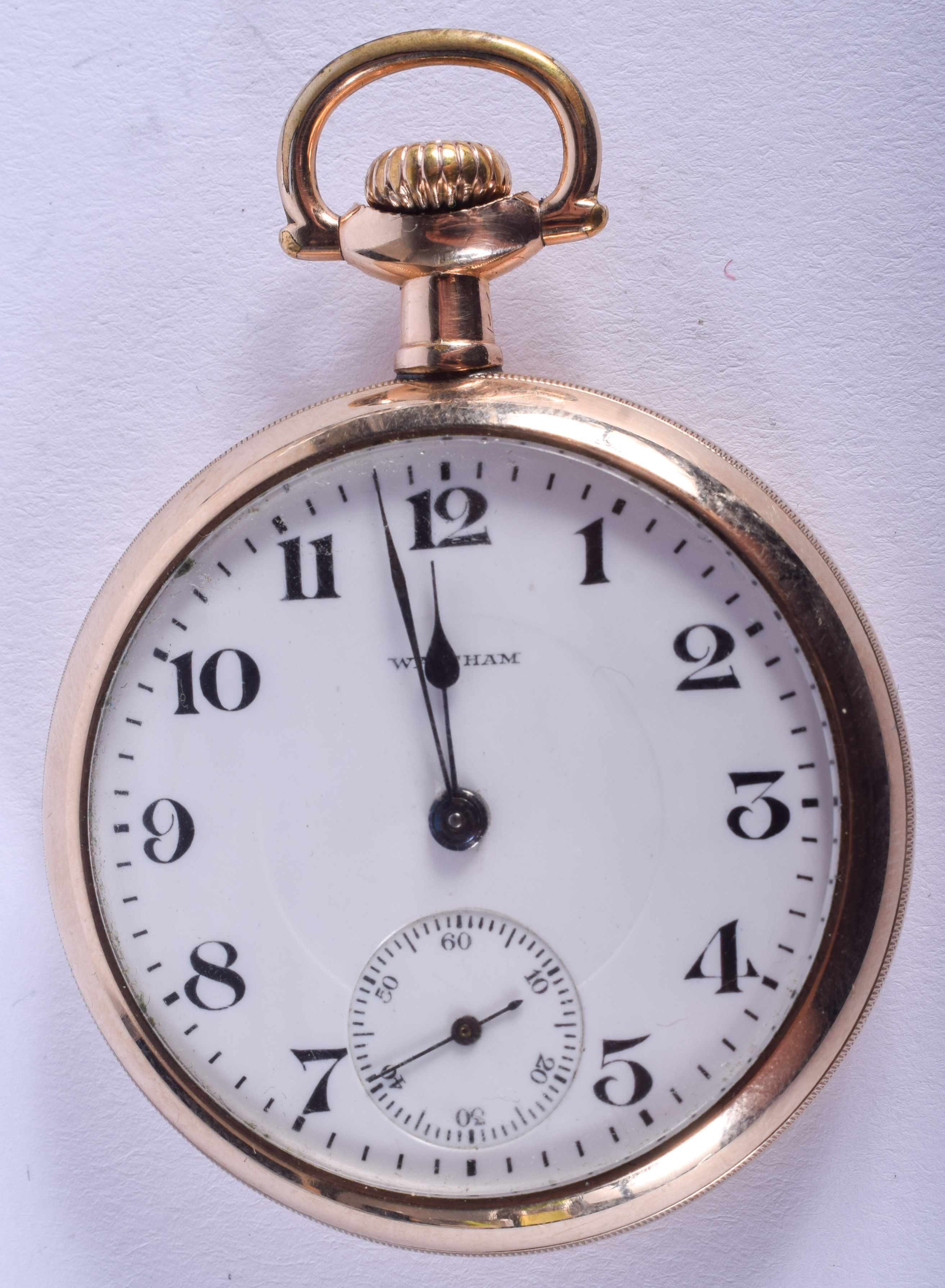 A GOLD PLATED WALTHAM POCKET WATCH. 4.25 cm wide.