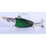 A SILVER PLATED GREEN GLASS FISH DECANTER. 33 cm long.
