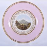 EARLY 19TH C. FLIGHT BARR AND BARR PLATE WITH PINK BORDER PAINTED WITH A NAMED SCENE, GUILSFIELD MON