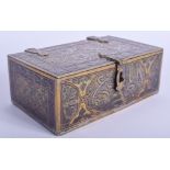 A 19TH CENTURY MIDDLE EASTERN SILVER INLAID ISLAMIC BRASS CASKET. 16 cm x 10 cm.