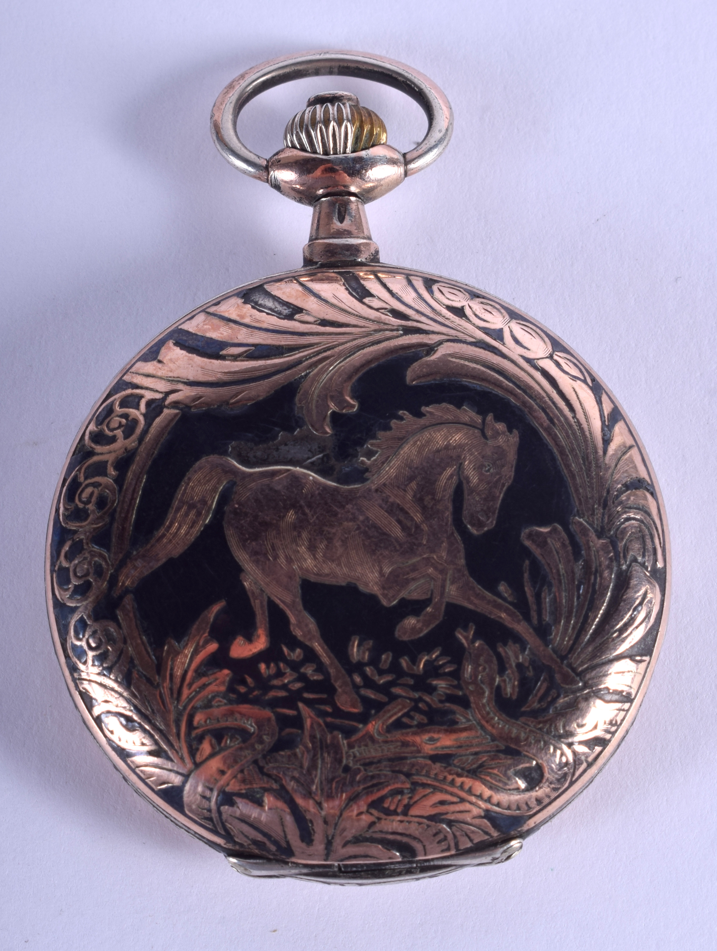 A SILVER NIELLO POCKET WATCH. 4.5 cm wide.