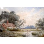 ENGLISH SCHOOL (early 20th century) FRAMED WATERCOLOUR, signed, a cottage in a landscape. 17 cm x 23