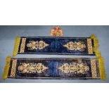 A PAIR OF ANTIQUE BLUE EMBROIDERED VELVET SILK BANERS and a similar crest. Banner 150 cm x 35 cm. (3