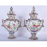 19TH C. FRENCH PORCELAIN LARGE PAIR OF VASES AND COVERS PAINTED WITH BIRDS. 41cm high andf 26cm wid