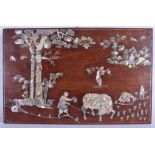 A LARGE 19TH CENTURY CHINESE HONGMU AND MOTHER OF PEARL PANEL decorated with figures and oxen. 37 cm