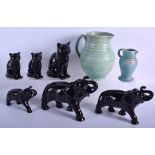 THREE SYLVAC POTTERY CAT FIGURINES, together with two jugs etc. (qty)