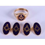 A 9CT GOLD MASONIC RING with matching cufflinks. 16 grams. (3)