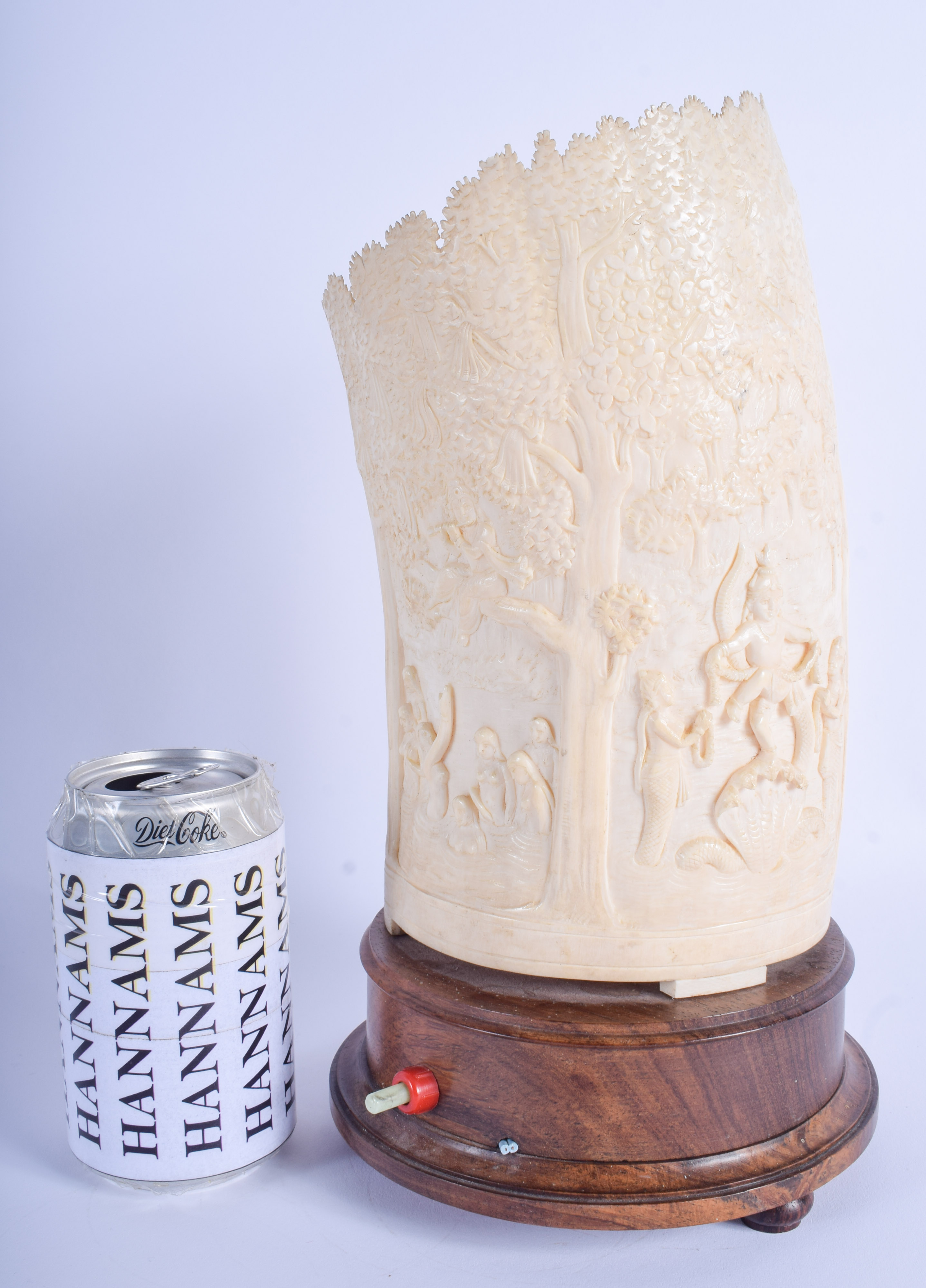 A LARGE 19TH CENTURY ANGLO INDIAN CARVED IVORY VASE converted to a lamp, carved with figures within