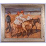 A CONTINENTAL OIL ON CANVAS Donkey rides at the beach. Image 60 cm x 47 cm.