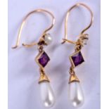 A PAIR OF ANTIQUE GOLD AMETHYST PEARL EARRINGS.