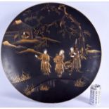 A FINE LARGE 19TH CENTURY JAPANESE MEIJI PERIOD IVORY AND LACQUER CHARGER depicting immortals within