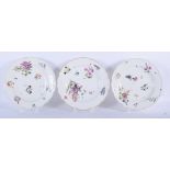 MID 18TH C. SET OF THREE MEISSEN PLATES LAVISHLY PAINTED WITH FLOWERS CROSSED SWORDS MARK IN BLUE.