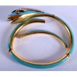 A FINE AND RARE VICTORIAN 15CT GOLD AND TURQUOISE ENAMEL SERPENT BANGLE. 23 grams. 17 cm x 5 cm.