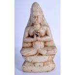 AN 18TH/19TH CENTURY INDIAN ASIAN CARVED MARBLE FIGURE OF A BUDDHISTIC DEITY modelled seated. 26 cm