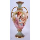 ROYAL DOULTON TWO HANDLED VASE, PAINTED BY GEORGE WHITE, WITH TWO LADIES AND A DOG, CREAM GROUND