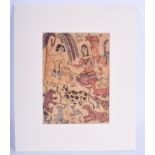 A MIDDLE EASTERN PERSIAN GOUACHE WATERCOLOUR figures and animals. Image 13 cm x 17 cm.