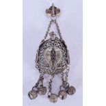 A CHINESE WHITE METAL RETICULATED SNUFF BOTTLE PENDANT. 17 cm long.