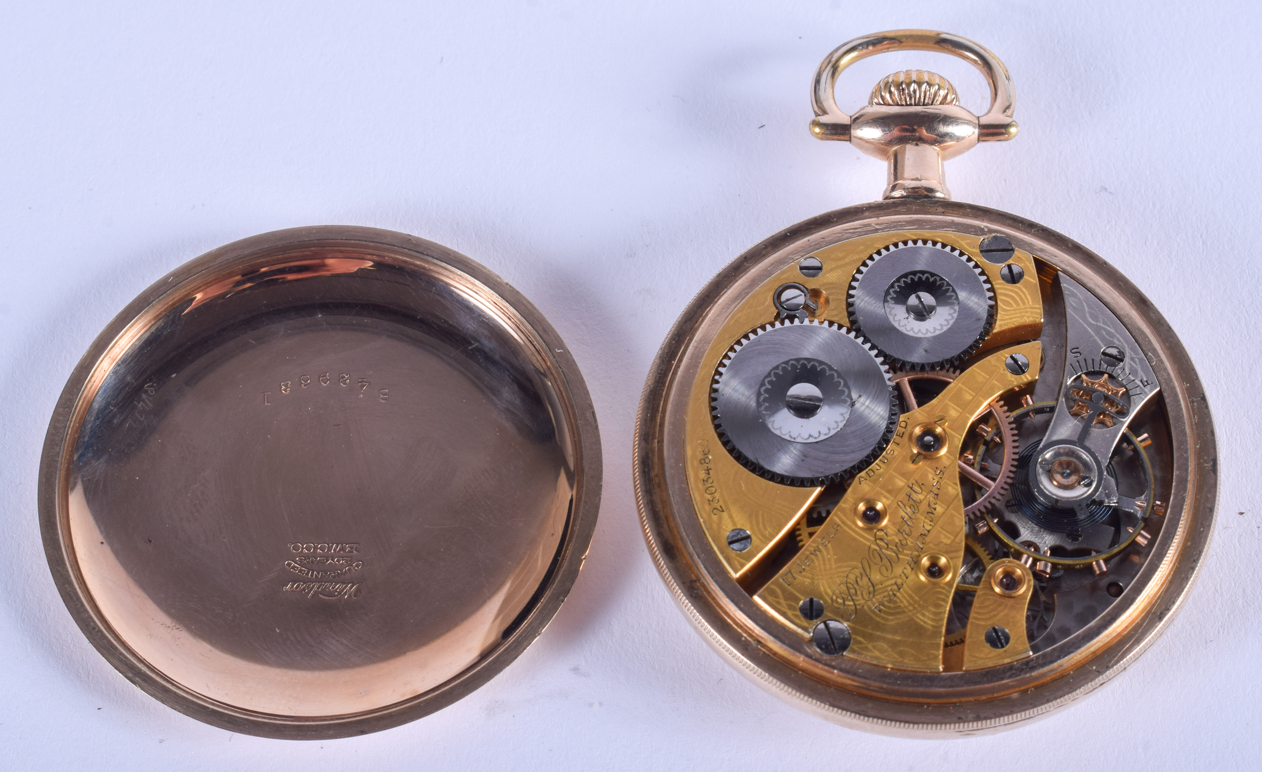 A GOLD PLATED WALTHAM POCKET WATCH. 4.25 cm wide. - Image 3 of 3