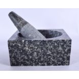 A VINTAGE CARVED MARBLE PESTLE AND MORTAR. 15 cm square. (2)