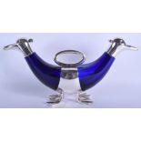 A DOUBLE DUCK BLUE GLASS SILVER PLATED DECANTER. 36 cm wide.