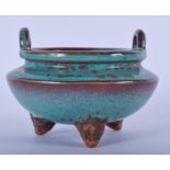 A CHINESE BLUE GLAZED PORCELAIN CENSER. 10 cm wide.