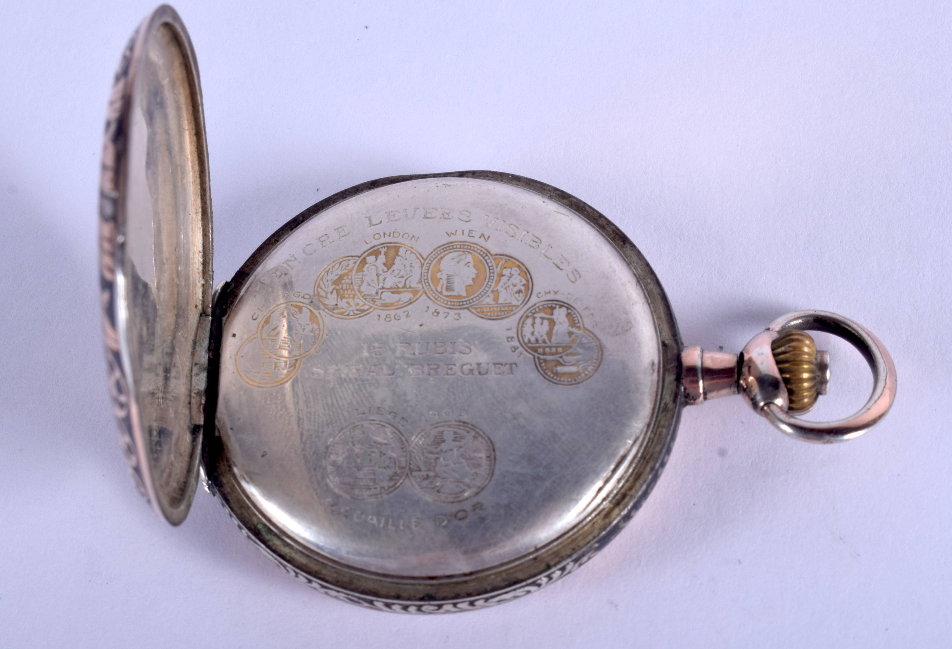 A SILVER NIELLO POCKET WATCH. 4.5 cm wide. - Image 4 of 5