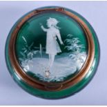 AN ANTIQUE MARY GREGORY GREEN GLASS PILL BOX. 6 cm wide.