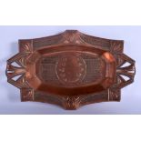 A STYLISH SECESSIONIST MOVEMENT TWIN HANDLED COPPER TRAY decorated with foliage. 33 cm x 21 cm.