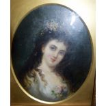 CONTINENTAL SCHOOL (19th century) FRAMED OIL ON CXANVAS, portrait of a female with flowers in her ha