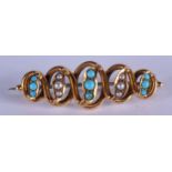 AN ANTIQUE GOLD PEARL AND TURQUOISE BROOCH. 4.8 grams. 3.5 cm long.