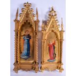 A GOOD PAIR OF 19TH CENTURY CONTINENTAL RELIGIOUS OIL ON BOARDS within period giltwood frames. 63 cm