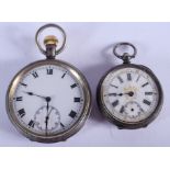 AN ANTIQUE SILVER FOB WATCH and another. Largest 4.75 cm wide. (2)